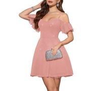 Meetjen Tulle Cocktail Party Dress Sparkly Prom Sweetheart Fairy Homecoming Dresses Evening Party Pink XL