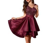 Meetjen Wedding Guest Dresses for Women Sequin Short Fancy Formal Cocktail Dress Satin Sparkly High Low Swing Burgundy S