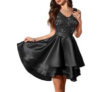 Meetjen Womens Cocktail Short Prom Dresses Fancy Hi-Lo Glitter Girls Sequin Semi-Formal A-line Satin Dress 2026 Black L