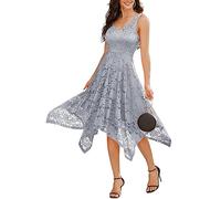 Meetjen Women's Elegant Floral Lace Dresses Irregular Hem Fancy Cocktail Flowy Swing Stretchy Midi Dress Grey 2XL