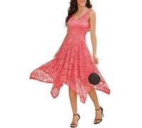 Meetjen Womens Elegant Floral Lace Fancy Dress 2024 Handkerchief Hem Asymmetrical Cocktail Formal Dresses Coral 2XL
