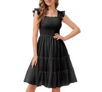 Meetjen Womens Prom Dress 2025 Summer Short Graduation Tulle Cocktail Ruffle Smocked Homecoming Party Sundresses Black M
