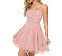 Meetjen Women's Prom Dress Summer 2026 Sequin Cocktail Party Sparkly Ruched Short Homecoming Dresses for Teens Spaghetti Straps Pink L