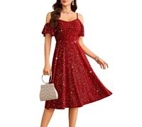 Meetjen Women's Sparkly Cocktail Dresses A Line Short Sleeve Formal Tea Party V-Neck Spaghetti Straps Spring Swing Sequin Prom Dress for Wedding Guest Burgundy S