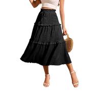 Meetjen Women's Summe Midi Long Skirts Flowy Boho High Waist Elastic Trendy Tiered Casual Ruffle Beach Skirt Black XL