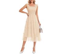 Meetjen Womens Summer Semi Formal Tulle Dresses Maternity Wedding Guest Maxi Pretty A Line Bridal Shower Dress Flowy Ruffle Sundress Beige L