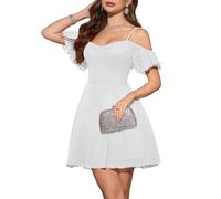 Meetjen Womens Tulle Prom Dress for Women Short Cocktail Dresses Off The Shoulder A-line Sparkly Fairy White M