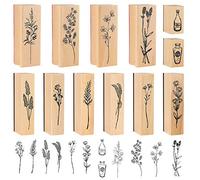 Meetory 12 Pieces Vintage Wooden Rubber Stamps, Plant and Flower Decorative Wooden Rubber Craft Stamps Set, Wood Mounted Rubber Floral Stamps for DIY Craft, Letters Diary and Scrapbooking