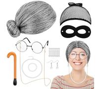 Meetory 19 Pcs Old Lady Fancy Dress Set, Granny Wig/Pearl Necklace Earrings Bracelet/Hairnet/Glasses with Glasses Chain/Cane/Eyemask/Hair Clip, Granny Costume Set for Masquerade Carnival Halloween
