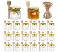 MEETOZ 1.5 oz 20 pack Mini Glass Honey Jars,Hexagon Honey Jars with Wooden Dipper, Gold Lids, Gold Bee Pendants, Jutes, Bee Stickers, Jars Perfect for Baby Shower, Wedding, Party Favors