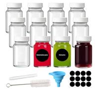 MEETOZ 12 Pack 2oz/60ml Reusable Mini Clear Glass Shot Bottles,Wellness Shots Bottles for Juice, Ginger, Small Glass Jars,with Lids, Funnel, Labels, Pen,Cleaning Brush
