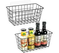 MEETOZ 2 Pack Hanging Metal Storage Basket, Adhesive Wire Wall Storage Basket, No Drilling Hanging Fruit Baskets, Cabinet Door Organizer for Kitchen, Pantry Organization, Bathroom, Black