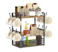 MEETOZ 2 Tier Coffee Bar Organizer Countertop Station Rack for Kitchen, Multi-Functional Coffee Mug Holder Display Stand with 12 Hooks, Accessory Storage Shelf, Space-Saving Coffee Nook Enhancer