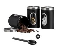 MEETOZ 3 PCS Kitchen Storage Canisters, Stainless Steel Containers With Lids And Spoons, Storage Jars With Window for Tea, Coffee Sugar, Nuts, Cereal(Black)