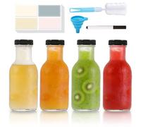 MEETOZ 4 pack 250ml Glass Juice Bottles with Lids, Reusable Clear Glass Bottles, for Family, camping, school, travel, Smoothie, Milk, Juicing, Sauce Jar, and Other Drinkings