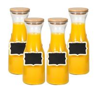 MEETOZ 4 Pack Glass Carafe Pitchers,34 Ounces/1 Liter Beverage Dispensers with Bamboo Lids and Tags,for Water, Juicing, Iced Tea, Beverage, Wine, Mimosa Bar Supplies