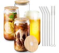 MEETOZ 4 Set 500ml Finew Glass Cups with Bamboo Lids and Glass Straws,Reusable Can Shaped Glass Cups Set,for Smoothies, Beer, Cola, Juice, Soda