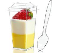 MEETOZ 50 Pack 3 oz Mini Square Dessert Cups with Lids and Spoons, Clear PP Parfait Cup, Mini Pudding Cups, Appetizer Shooter Glasses for Mousse Trifle Fruit Pudding