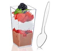 MEETOZ 50Pack 3oz Mini Clear PP Dessert Cups with Spoons Mini Square Tall Tumbler Sample Cups for Individual Mousse Trifle Fruit Pudding