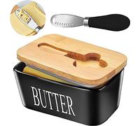 MEETOZ Ceramic Butter Dish with Wooden Lid, Airtight Butter Keeper for Counter or Fridge with Stainless Steel Multipurpose Butter Knife, Butter Container with Double High-Quality Silicone