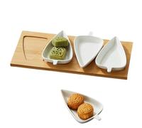 MEETOZ Ceramic Condiment Appetizer Set, Dip Set Snack Bowl, Serving Platters, with Wooden Tray Perfect for Chips and Dip, Veggies, Candy and Snacks, Fruits, appetizers（Leaf-Shaped
