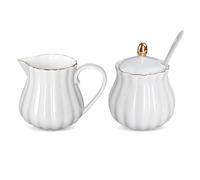MEETOZ Ceramic Sugar and Creamer Set, Sugar Set with Lid & Spoon, Tea or Coffee Serving Set with Cream Pitcher, Dishwasher Safe, Set of 3, White
