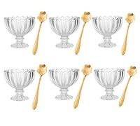 MEETOZ Glass Ice Cream Cups,Dessert Bowls, for Dessert, Sundae, Ice Cream, Fruit, Salad, Snack, Cocktail,etc (Includes 6 Glass Ice Cream Cups and 6 Metal Spoons)