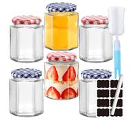 MEETOZ Glass Jam Jars,6 Pack 280ml / 9oz Hexagonal Storage Glass Jars,with Screw Top Red and Blue Gingham Lids Glass Preservation Jar Equipped With Brushes and Stickers