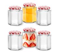 MEETOZ Glass Jam Jars-6 Pack Airtight 280ml,Glass Preserve Pots with Screw Top Red Gingham Lids,Hexagonal Storage Glass Jars for Kitchen Spices Honey or Sweets Kimchi Jar