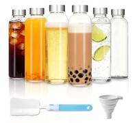 MEETOZ Glass Water Bottles with Lids 6 Pack 500ml Reusable Juice Bottles With Airtight Leakproof Metal Lids Drinking Bottle for Sauce jar,Milk,Juice,Work, Gym Cleaning Brush and Funnel