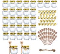 MEETOZ Mini Glass Honey jars-1.5 oz, 20 pcs Hexagon Honey Jars with Wooden Dipper, Gold Lid, Bee Pendant, Rope-20m Mini Honey Jars, Perfect for Wedding, Party Favors, Shower Favors, Canning
