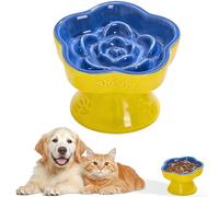 MEETOZ Raised Slow Feeder Cat Bowl, Ceramic Elevated and Cat Food Bowl Small Dogs Slow Feeder Bowl, Flower Shaped Cute Cat Bowl for Dry and Wet Food (Blue, 5.8")