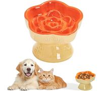 MEETOZ Raised Slow Feeder Cat Bowl, Ceramic Elevated and Cat Food Bowl Small Dogs Slow Feeder Bowl, Flower Shaped Cute Cat Bowl for Dry and Wet Food (Orange, 5.8")