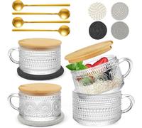 MEETOZ Vintage Glass Mugs with Coaster Bamboo lids and Spoons Coffee Tea Cups Vintage Coffee Mugs Gifts for Women Great for Coffee, Overnight Oats,Juice. Excellent Choice for Gift Giving Party 4-Pack