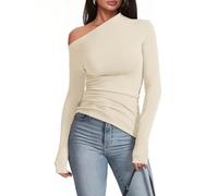 Meetrendi Women's Sexy Off Shoulder Tops Dressy Long Sleeve Asymmetrical Slim Fit Going Out Fall Blouse Ruched Shirts, Beige, M