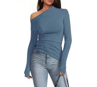 Meetrendi Women's Sexy Off Shoulder Tops Long Sleeve Asymmetrical Slim Fit Going Out Fall Blouse Ruched Tight Shirts, Dust Blue, L