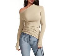 Meetrendi Women's Sexy Off Shoulder Tops Long Sleeve Asymmetrical Slim Fit Going Out Fall Blouse Ruched Tight Shirts, Light Khaki, M