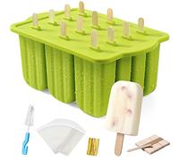 MEETRUE 12 Piece Silicone Popsicle Molds, BPA-Free, Green, Cylinder Shaped, 90ML Capacity, Popsicle Maker with 50PCS Sticks & Cleaning Brush