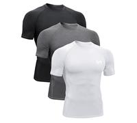 MEETYOO Men's Compression Shirt, Grey, L, Short Sleeve, Collarless, Crew Neck, Fitted, Pullover, Breathable, Quick Dry, Stretchable, Cycling, Sports, Gym, Running, Jogging