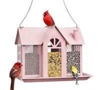 MeevrgR Solar Bird Feeder for Outdoors Hanging, Metal Wild Bird Feeder with Solar Light, Garden Lantern for Cardinals, Waterproof Rustproof Squirrel Proof(pink)