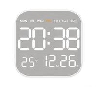 MeevrgR Square Metal Brushed Wall Clock, Electronic LED Alarm Displaying Time Date Temp Humidity W djustable Brightness, 12/24H Format, USB Powered for Living Room, White(white)