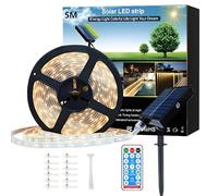 Meewata Solar Strip Lights Outdoor Waterproof, 5M 300 LEDs Dimmable Garden Lights with Remote Control & 8 Modes Cuttable LED Light Strips for Patio, Balcony, Decking Decor Warm White