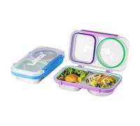 MEEYUU 2 Pack Stainless Steel 2 Compartment Bento Lunch Box with Lids, Reusable On-the-Go Pre-Meal & Snack Storage Containers for Kids, Ideal for Daycare, School, Camping, Picnic (Purple & Blue)