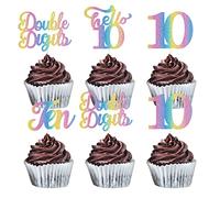 MEFENG 18Pcs 10th Birthday Cupcake Toppers - Rainbow Glitter Double Digits Cupcake Decorations - Hello 10 - Cheers to 10th Birthday Cupcake Picks - Ten Years Old Birthday Party Supplies