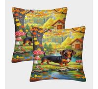 MEFESE Autumn Countryside Dachshund 3D Printed Pillow Cover Set of 2 Microfiber Cushion Cover for Sofa Bedroom 3D Digital Printing for Adults Easy Care 45x45cm