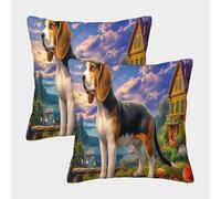 MEFESE Beagle Countryside Scene 3D Printed Pillow Cover Set of 2 Microfiber Cushion Cover for Adults 3D Digital Printing Sofa Bedroom Decor Easy Care 40x40cm