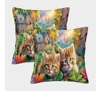 MEFESE Countryside Cat Print 3D Printed Pillow Cover Set of 2 Microfiber Cushion Cover for Adults 3D Digital Printing for Sofa Bedroom Home Decor Easy Care 40x40cm