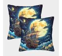 MEFESE Night Sailing Moon Print 3D Printed Pillow Cover Set of 2 Microfiber Cushion Cover Pillowcase for Sofa Bedroom Adults 40x40cm