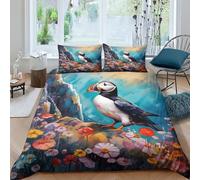 MEFESE Puffin Bedding Duvet Cover Set 3 Pieces Soft Brushed Microfibre 3D Printed Duvet Set Reversible Seaside Birds Quilt Cover with Pillowcase Easy Care Duvet Cover Double（200x200cm）