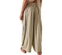 MEFESE Quinn Pants, 2023 New Quinn Plus Size Pants, Women Linen Pants with Pockets Summer Harem Pants Boho Beach Pants (Color : Khaki, Size : XL)